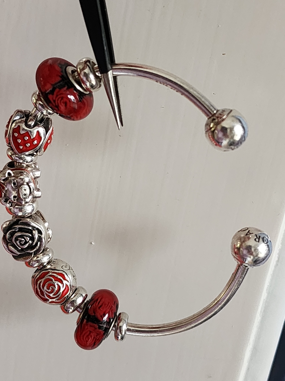 Pandora Silver Open Bangle with Red Murano Silver 925 Charms